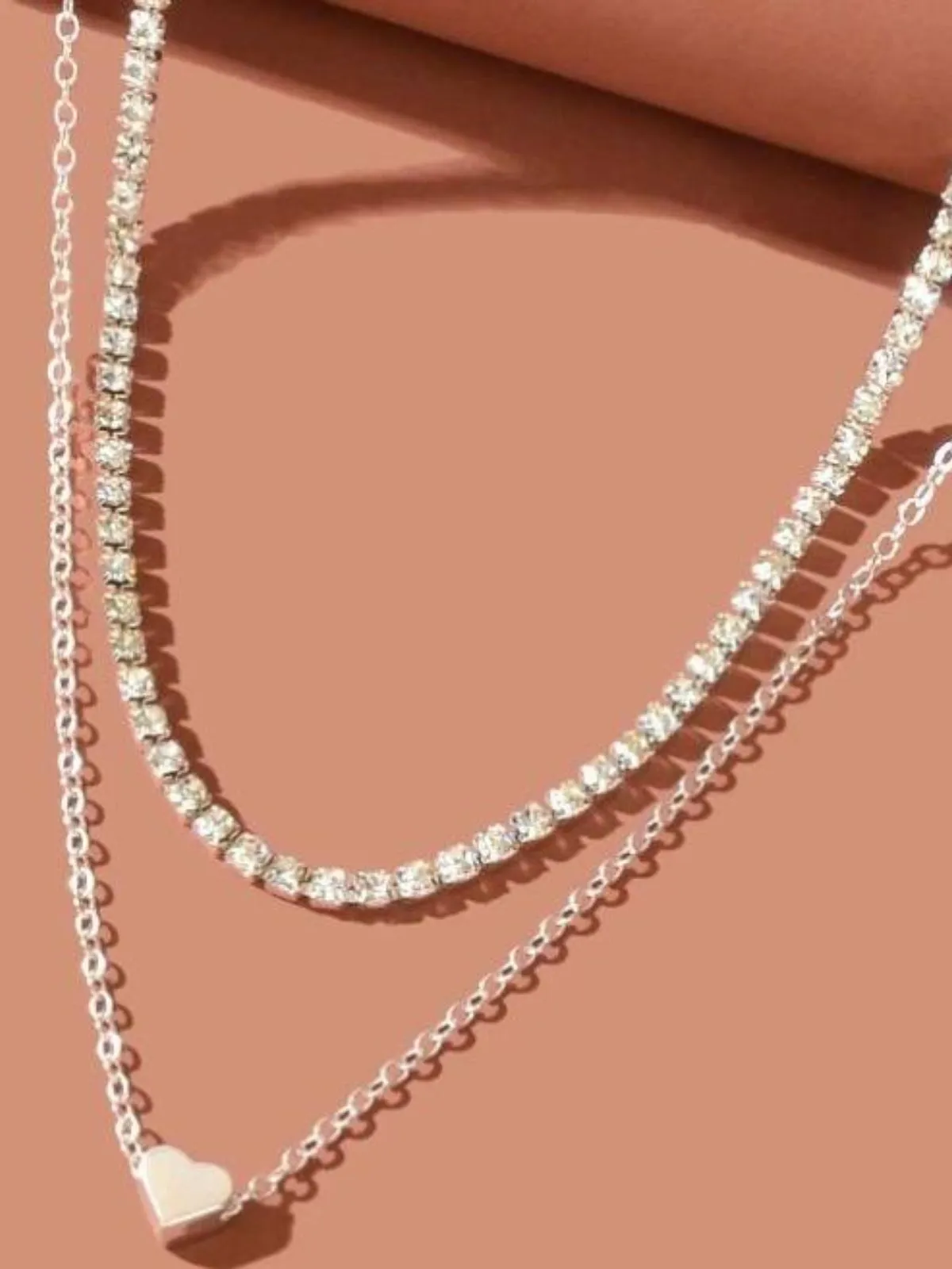 Silver Double Layer Heart Pendant Diamond Necklace sold by Retro Stage product image thumbnail 2