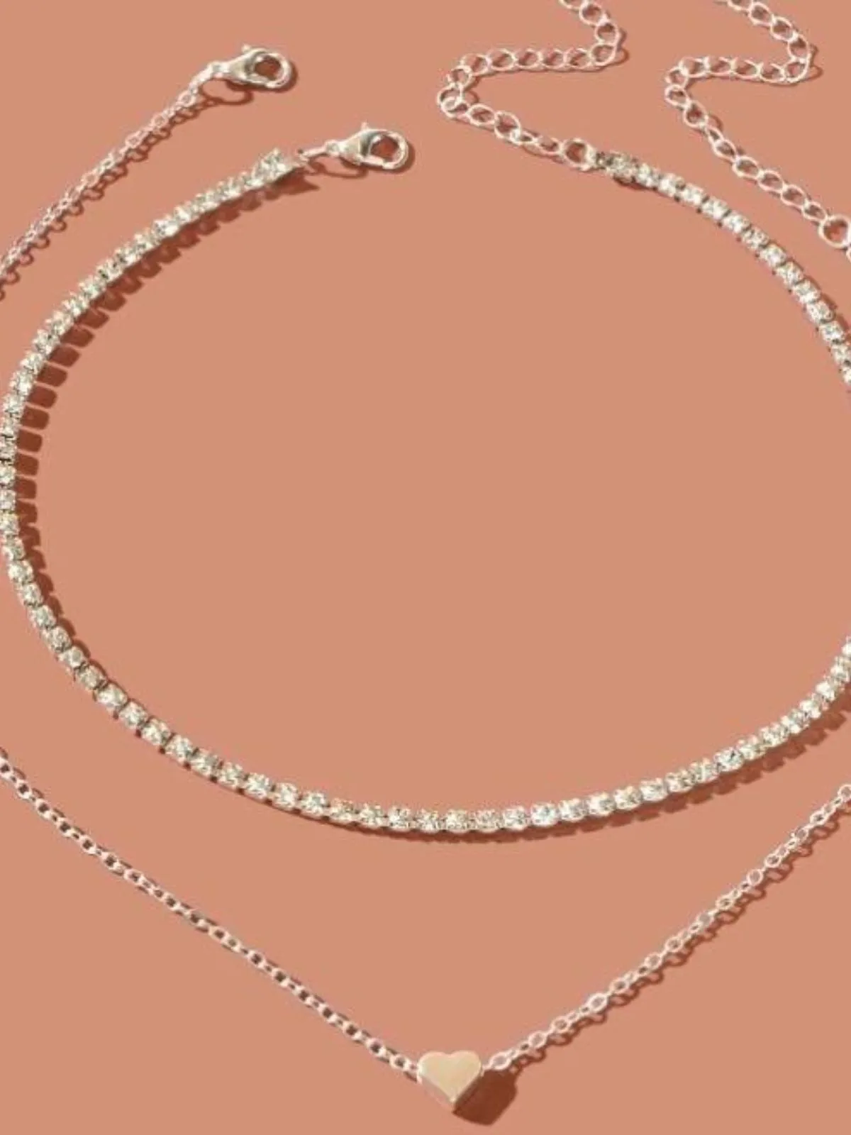 Silver Double Layer Heart Pendant Diamond Necklace sold by Retro Stage product image thumbnail 3