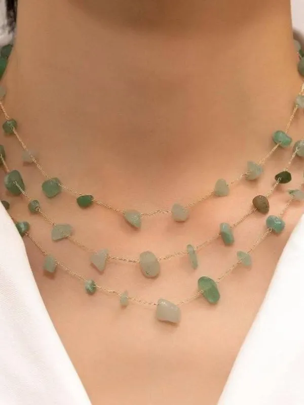 Gradient Metal Button Natural Stone Chip Necklace sold by Retro Stage