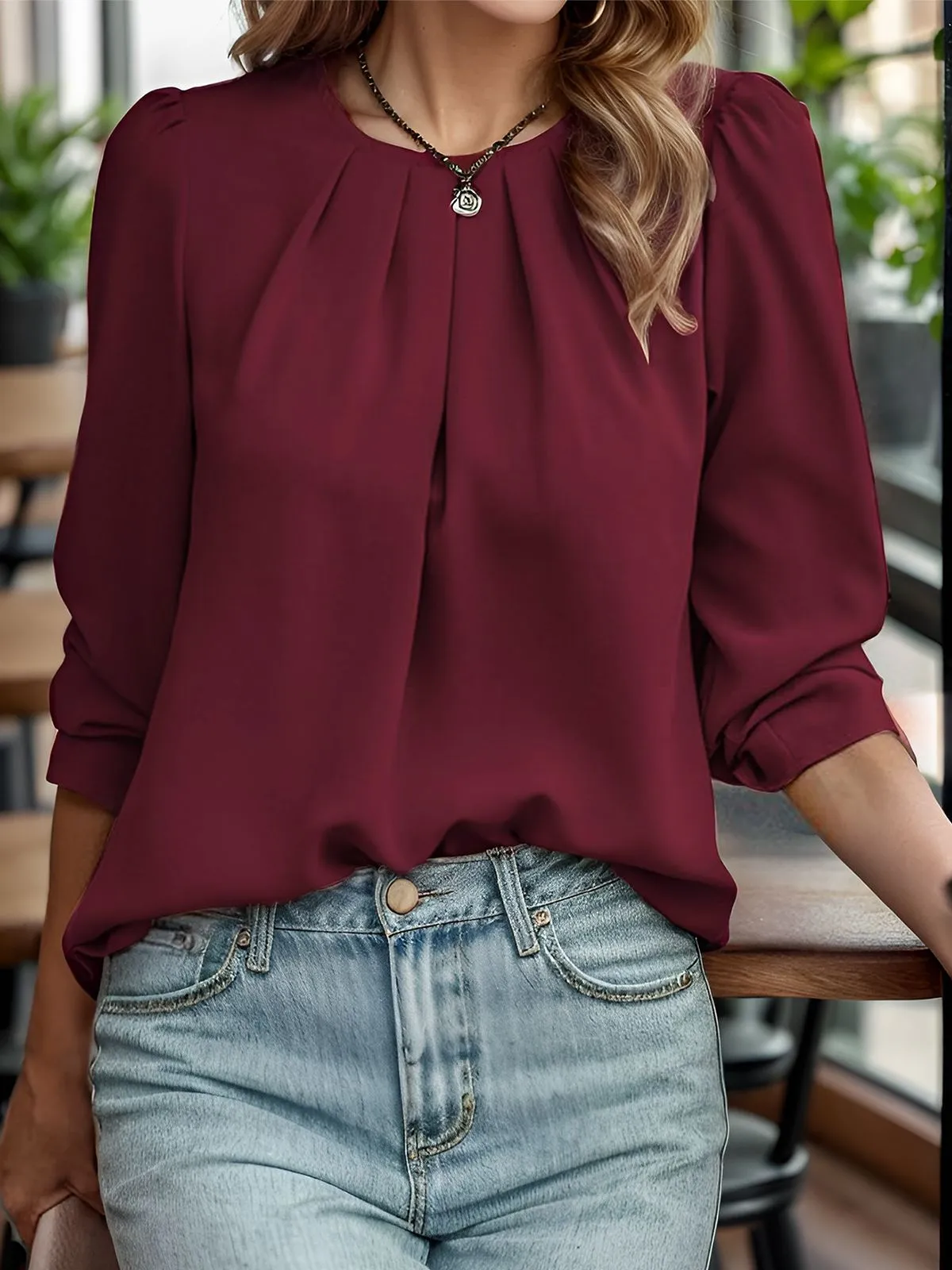 1960s Round Neck Solid Long Sleeve Blouse sold by Retro Stage product image thumbnail 3