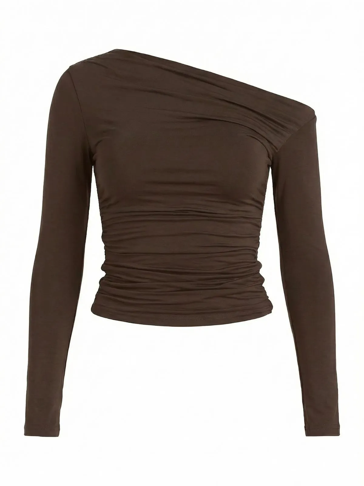 Brown 1980s Off-Shoulder Ruched Long-Sleeve Top sold by Retro Stage product image thumbnail 2
