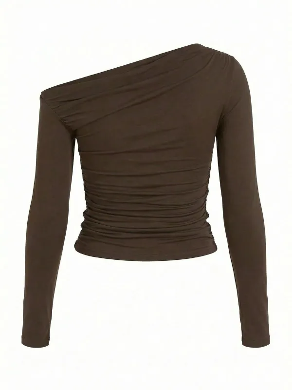 Brown 1980s Off-Shoulder Ruched Long-Sleeve Top made by Retro Stage