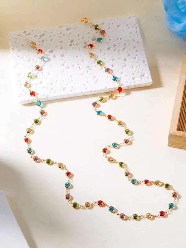 Colorful Crystal Metal Long Chain Necklace sold by Retro Stage