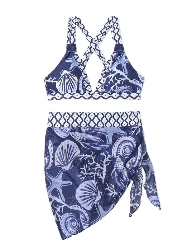 Blue 1970s Nautical Print Crisscross Straps Bikini Set & Cover-Up made by Retro Stage