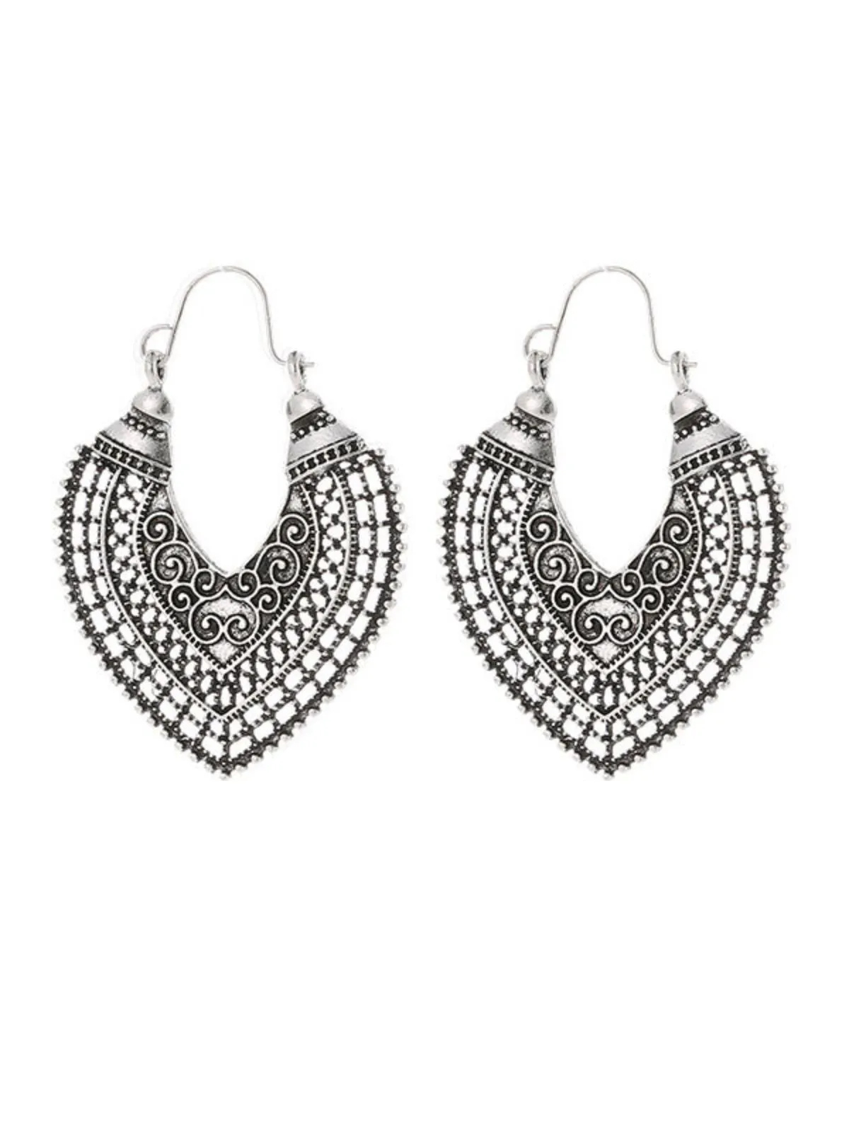 Silver Boho Hook Dangle Filigree Metal Earrings sold by Retro Stage