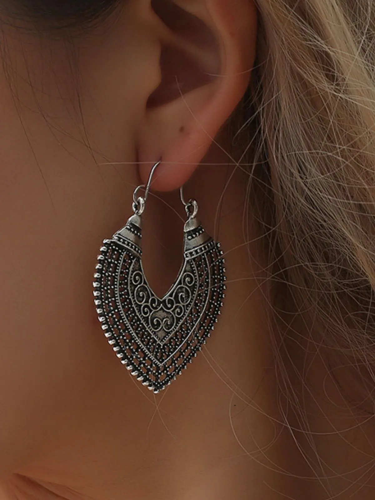 Silver Boho Hook Dangle Filigree Metal Earrings sold by Retro Stage product image thumbnail 2