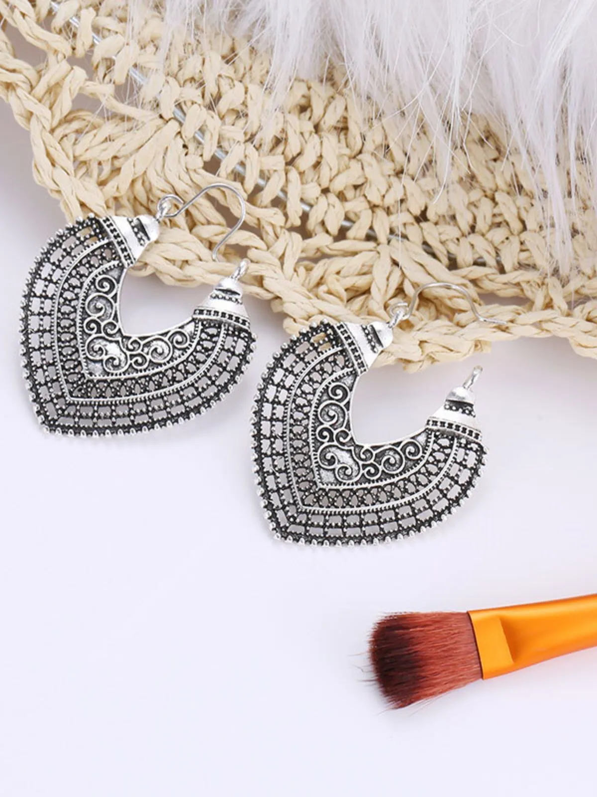 Silver Boho Hook Dangle Filigree Metal Earrings sold by Retro Stage product image thumbnail 3