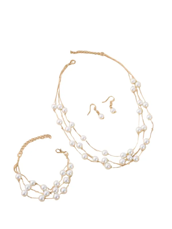 3PCS Gold Pearl Earrings & Necklace & Bracelet Set made by Retro Stage