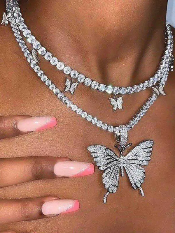 Silver 3D Butterfly Rhinestone Double-Layer Necklace sold by Retro Stage