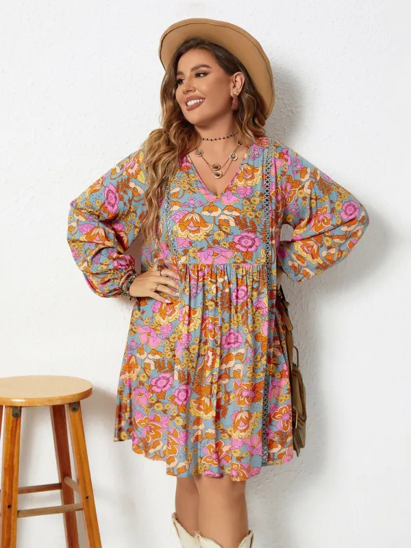 [Plus Size] 1970s Floral Boho V-neck Puff Sleeve A-line Dress sold by Retro Stage