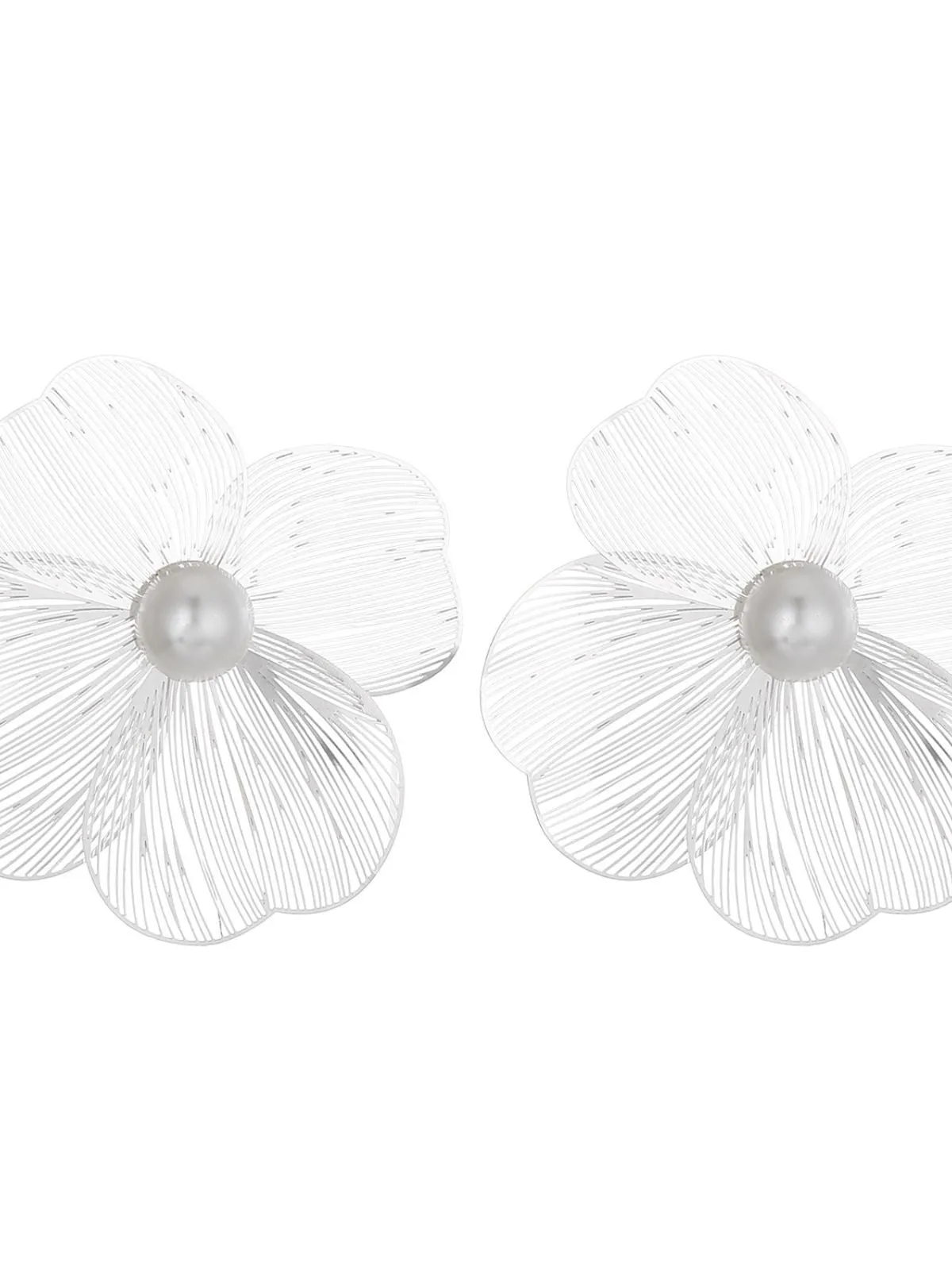 Silver Hollow 3D Floral Pearl Earrings sold by Retro Stage product image thumbnail 3
