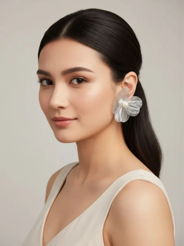 Silver Hollow 3D Floral Pearl Earrings sold by Retro Stage