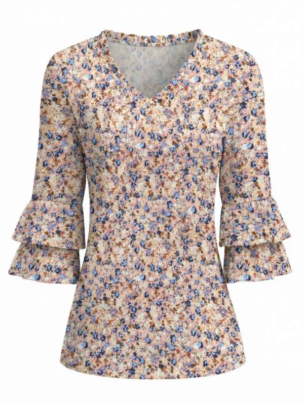 Pink 1970s Floral V-Neck Bell Sleeve Ruffled Top made by Retro Stage