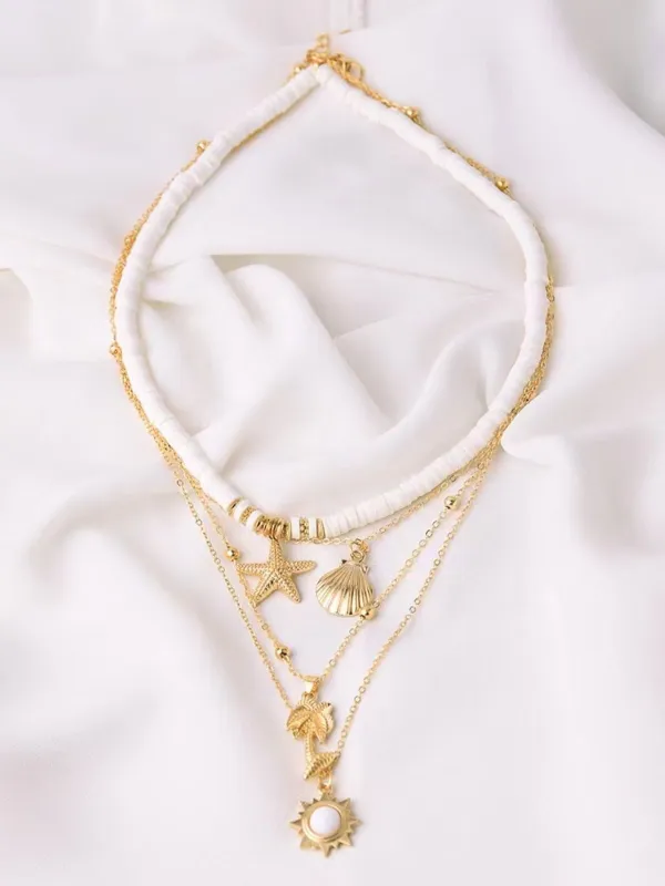 Gold Boho Shell Starfish Layered Beaded Necklace made by Retro Stage