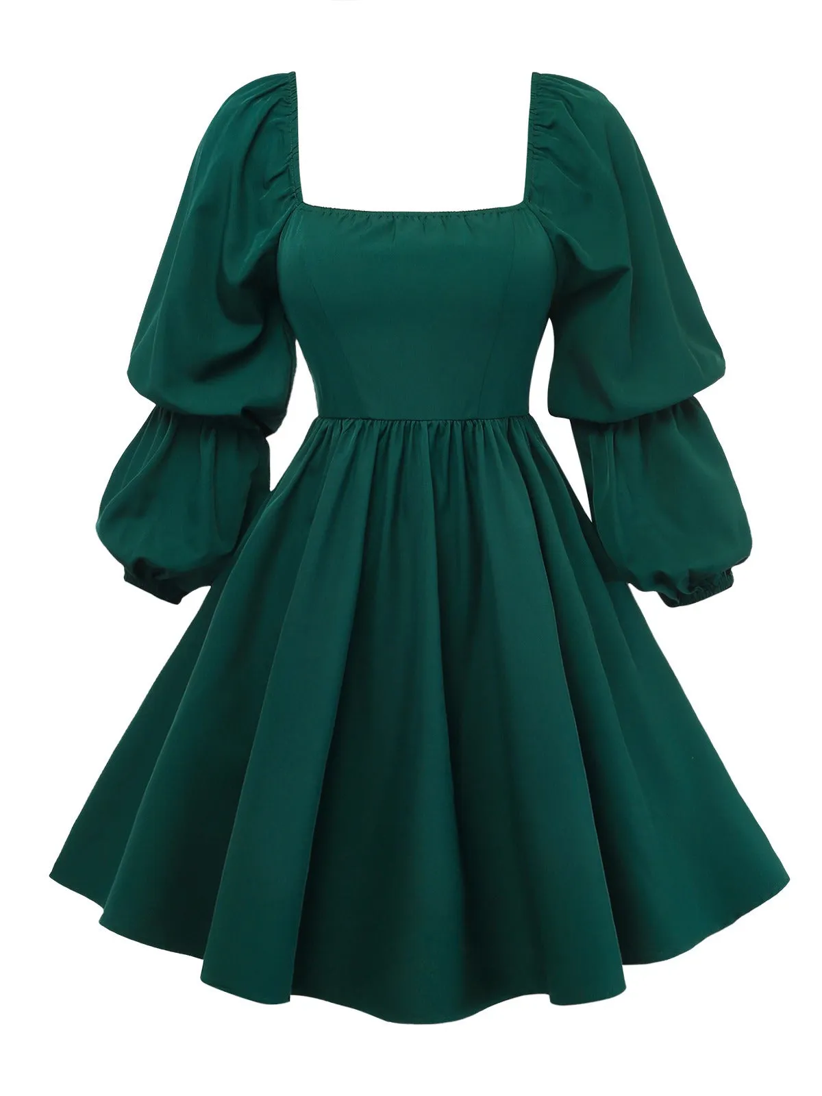 Green 1950s Solid Square Neck Puff Sleeve Dress sold by Retro Stage