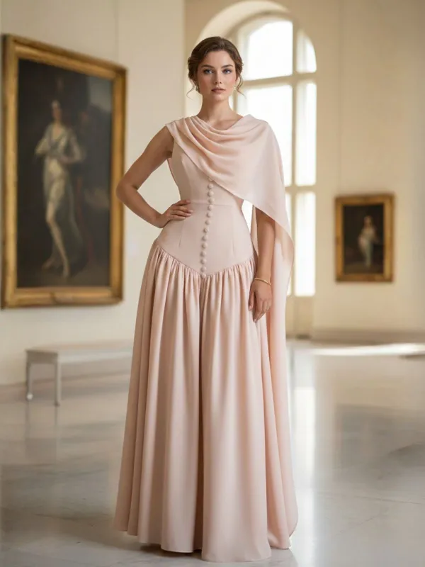 Beige 1950s Draped Renaissance Long Sleeve Maxi Dress made by Retro Stage