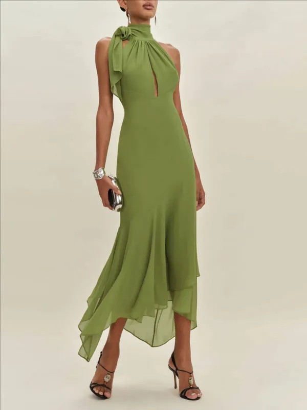 Green 1930s Halter Mesh Backless Chiffon Midi Dress made by Retro Stage