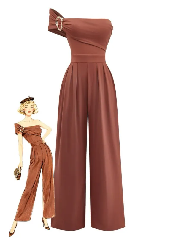 1970s One-Shoulder Buckle Wide-Leg Jumpsuit sold by Retro Stage