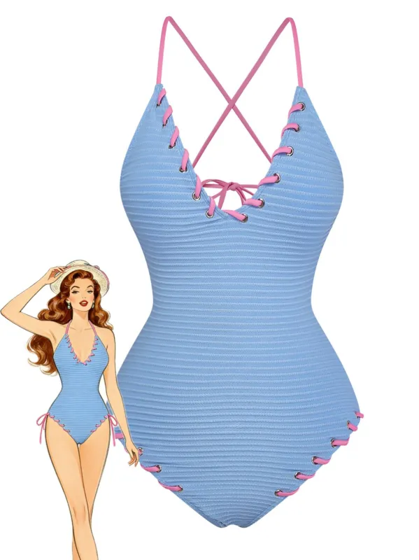 Light Blue 1950s Stripe Lace-Up Ruched One-Piece Swimsuit sold by Retro Stage