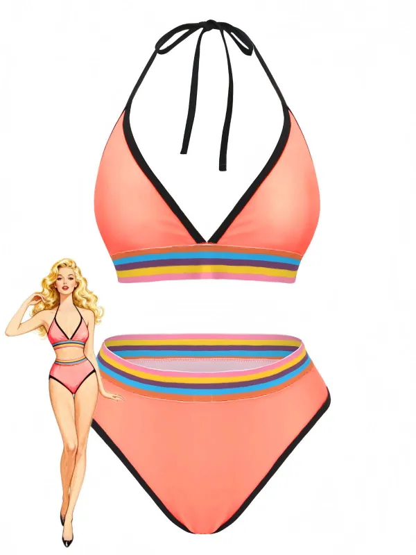 Pink 1940s Rainbow Striped Triangle Bikini Set made by Retro Stage