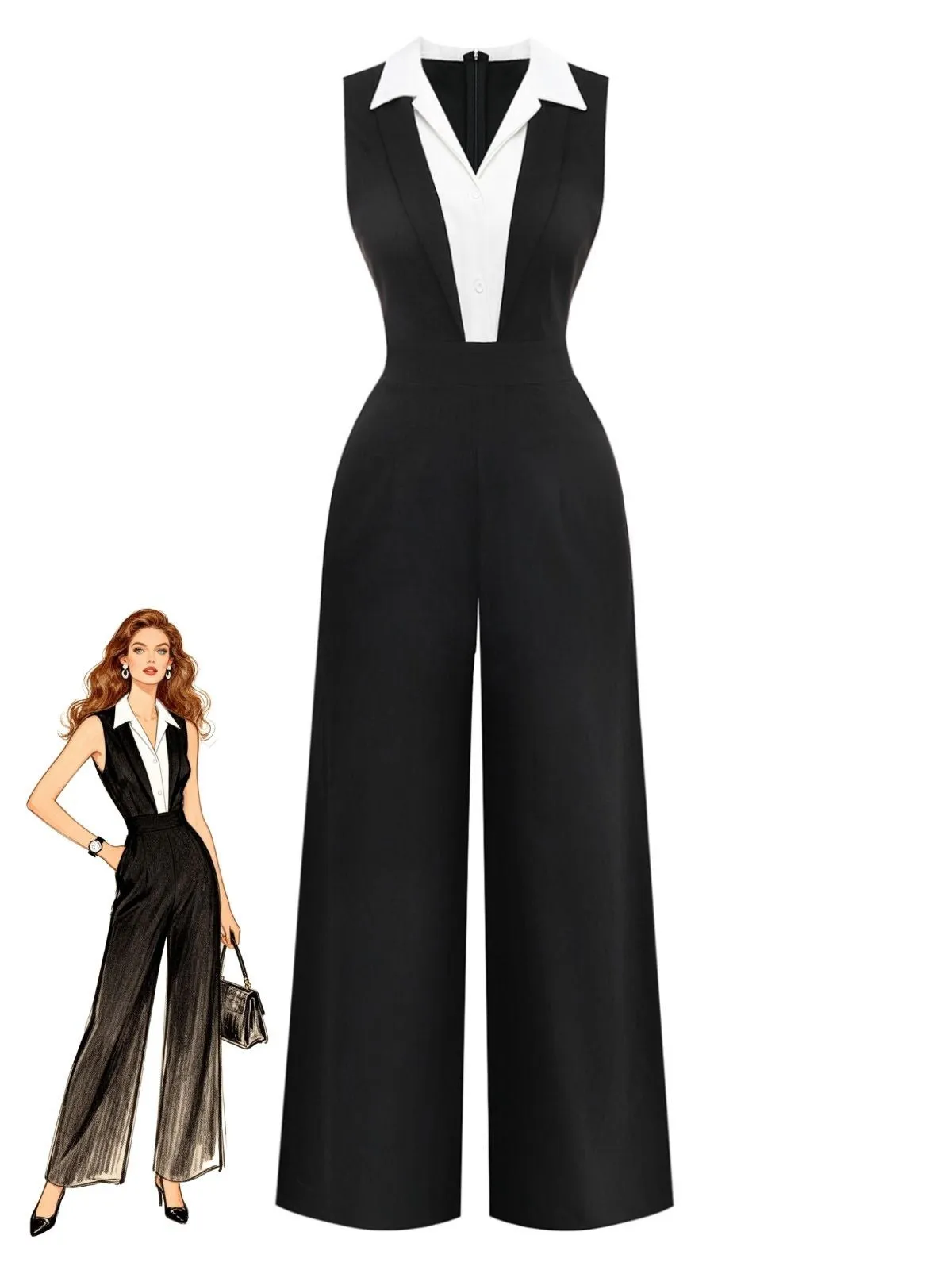 Black 1950s Colorblock Sleeveless Wide-Leg Jumpsuit sold by Retro Stage