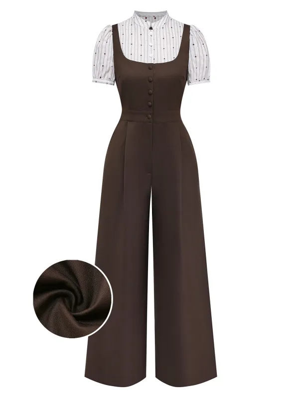 [Pre-Sale] Brown 1930s Faux-2PCS Striped Stand Collar Jumpsuit made by Retro Stage