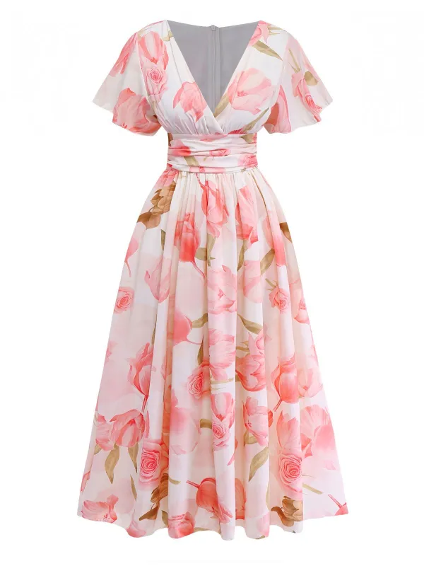 Pink 1950s Floral Print V-neck Puff-Sleeve Maxi Dress sold by Retro Stage