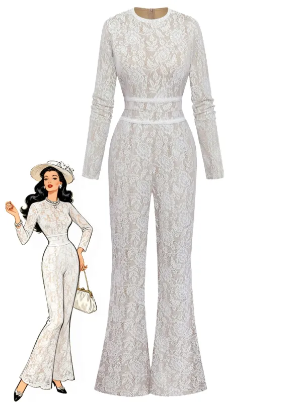 White 1970s Lace Long-Sleeve Flared Legs Jumpsuit sold by Retro Stage