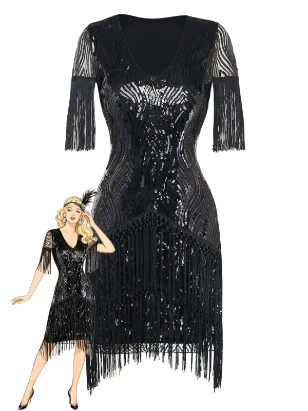 Black 1920s Flapper Tassel Fringe Great Gatsby Sequin Dress sold by Retro Stage