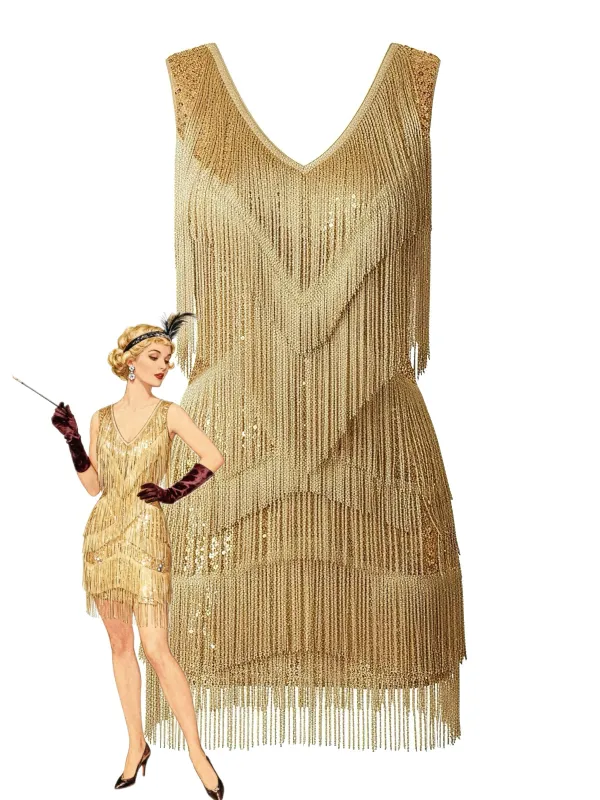 Gold 1920s Fringe Sequin V-neck Mini Dress made by Retro Stage