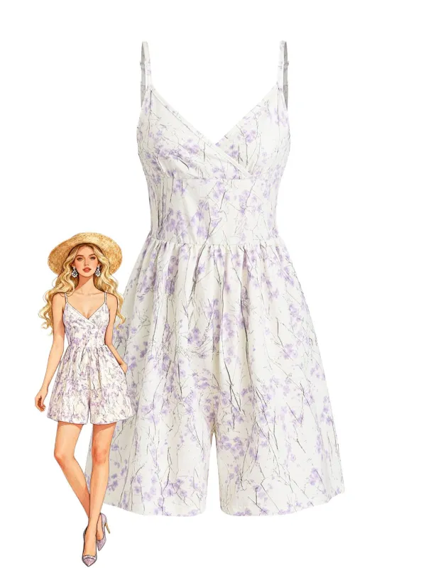 Purple 1970s Floral Print Spaghetti Strap Romper sold by Retro Stage