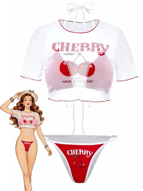 3PCS Red 1950s Cherry Print Tie-Up Bikini Set made by Retro Stage