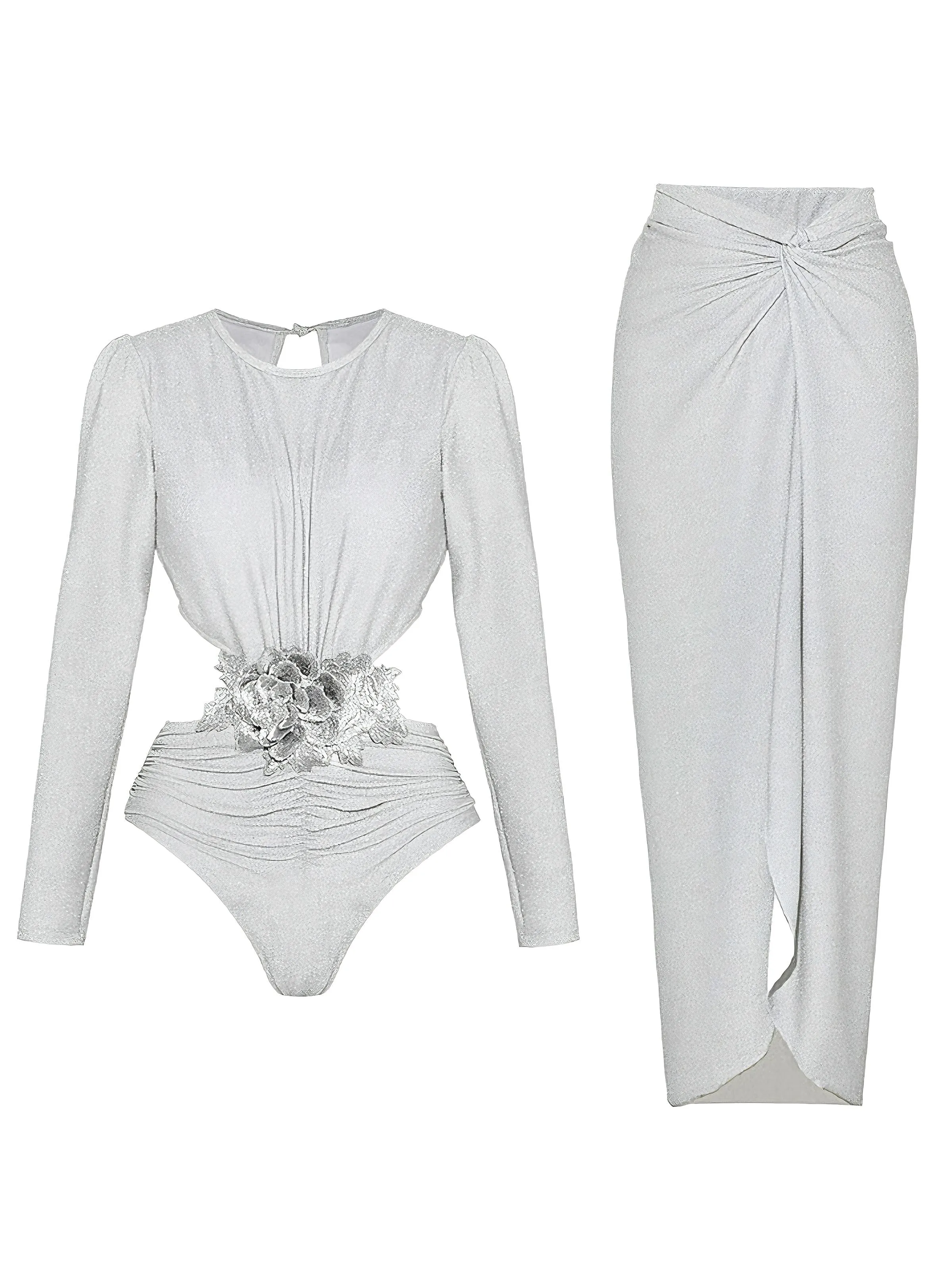 2PCS Silver 1970s 3D Floral Cutout One-Piece Swimsuit & Cover-Up sold by Retro Stage product image thumbnail 2