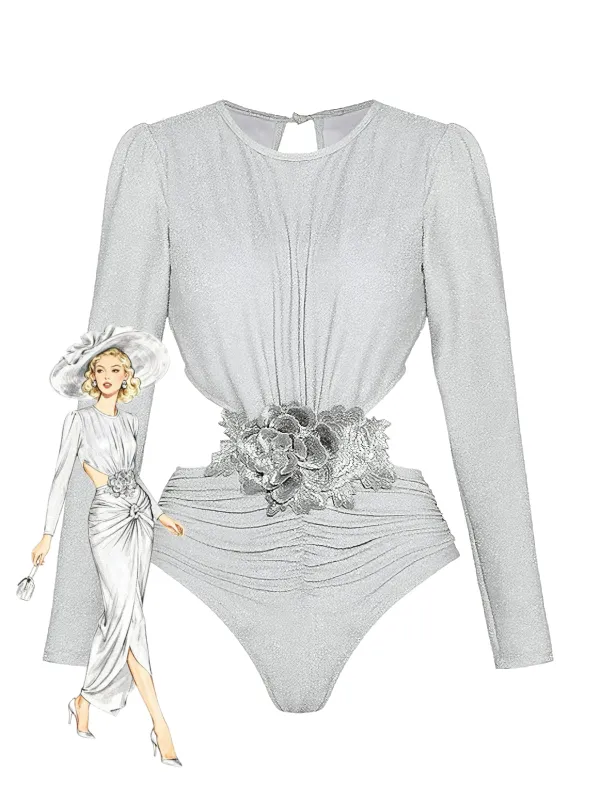 2PCS Silver 1970s 3D Floral Cutout One-Piece Swimsuit & Cover-Up made by Retro Stage