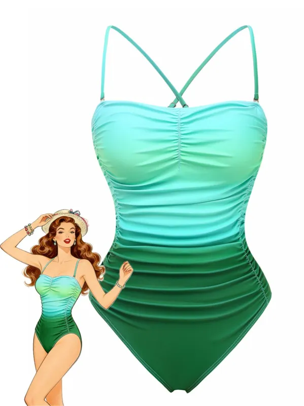 Ombre Green 1930s Ruched One-Piece Swimsuit sold by Retro Stage
