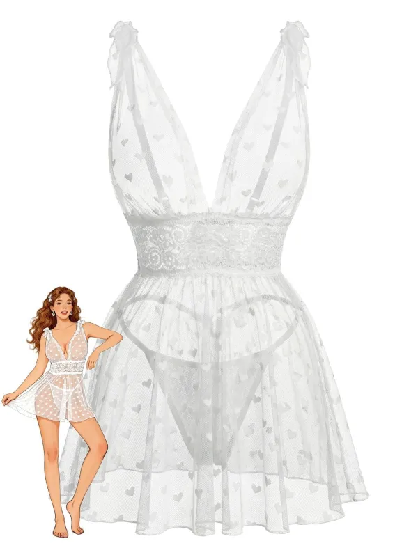 White 1960s Heart Dot Sheer Lace Sleepwear Set made by Retro Stage