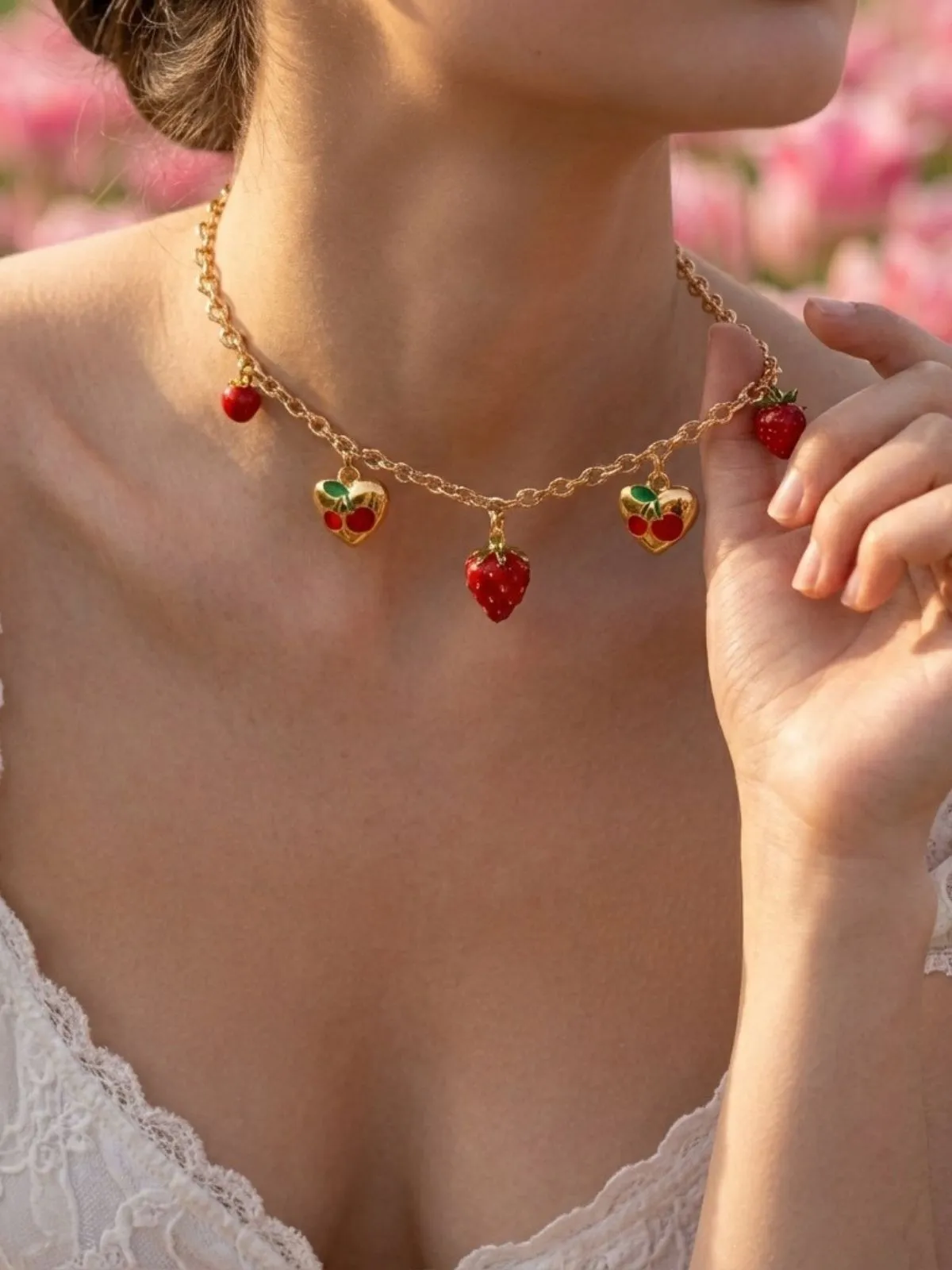Strawberry Heart Pendant Gold Chain Necklace sold by Retro Stage product image thumbnail 2