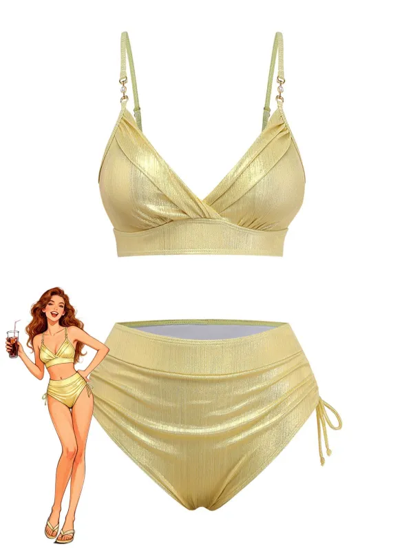 1970s High-Waist Metallic Shimmer Bikini Set sold by Retro Stage