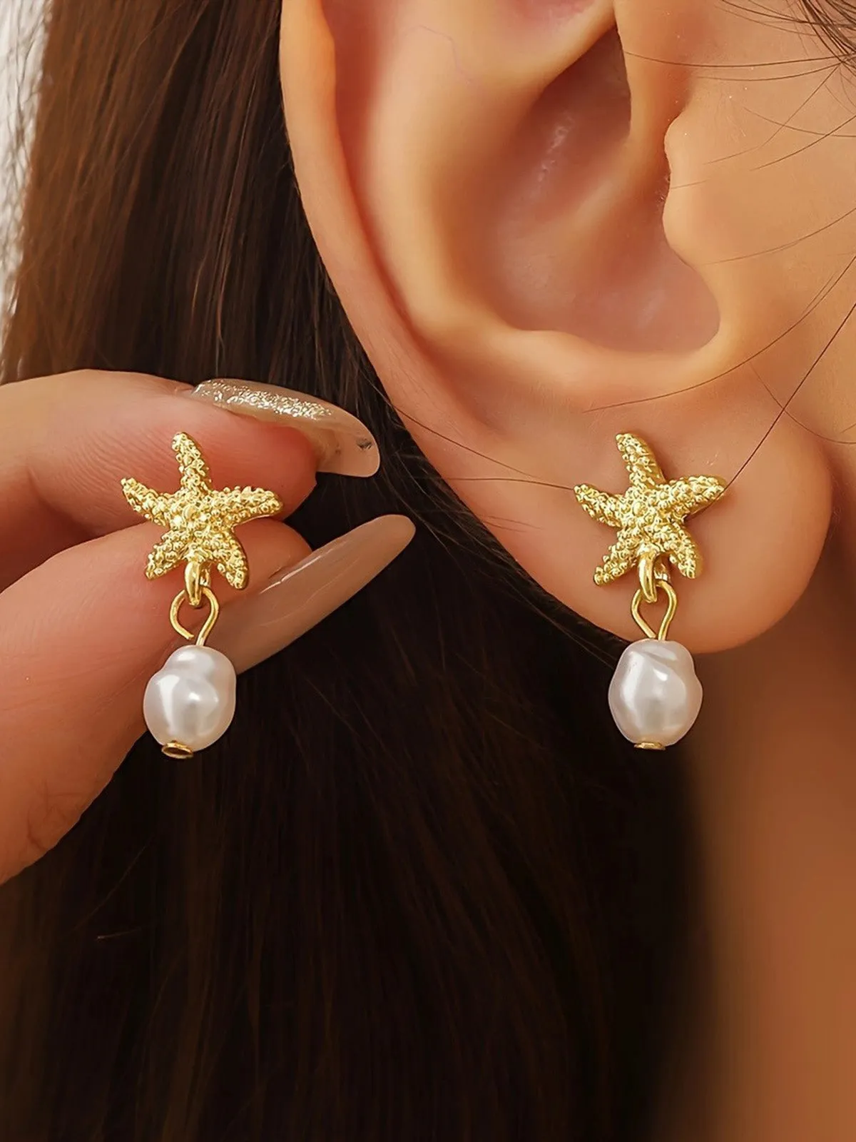 Vintage Alloy Starfish & Pearl Earrings sold by Retro Stage