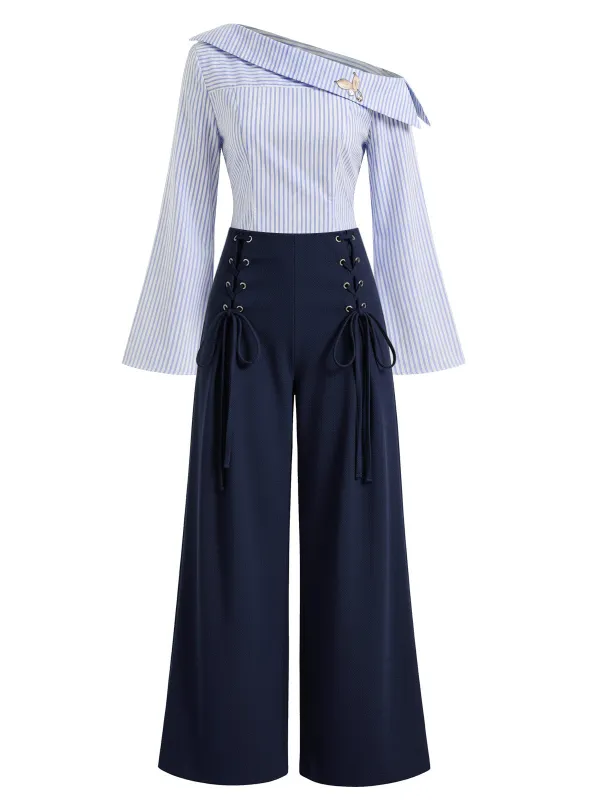 [Pre-Sale] 2PCS 1940s Striped Blouse With Pearl Brooch & Lace-Up Pants sold by Retro Stage