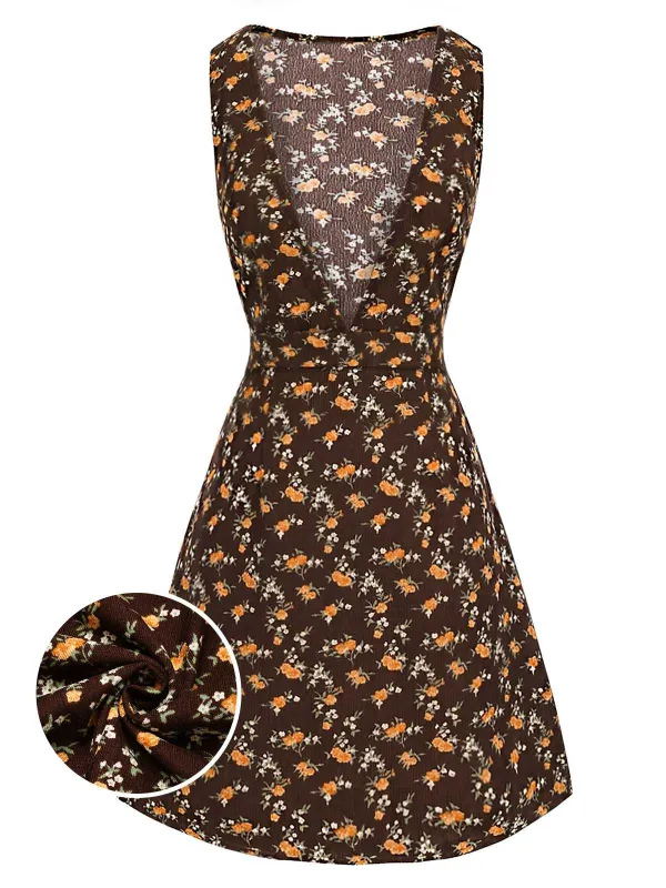 [Pre-Sale] Brown 1960s Corduroy Floral Deep V Suspender Dress made by Retro Stage