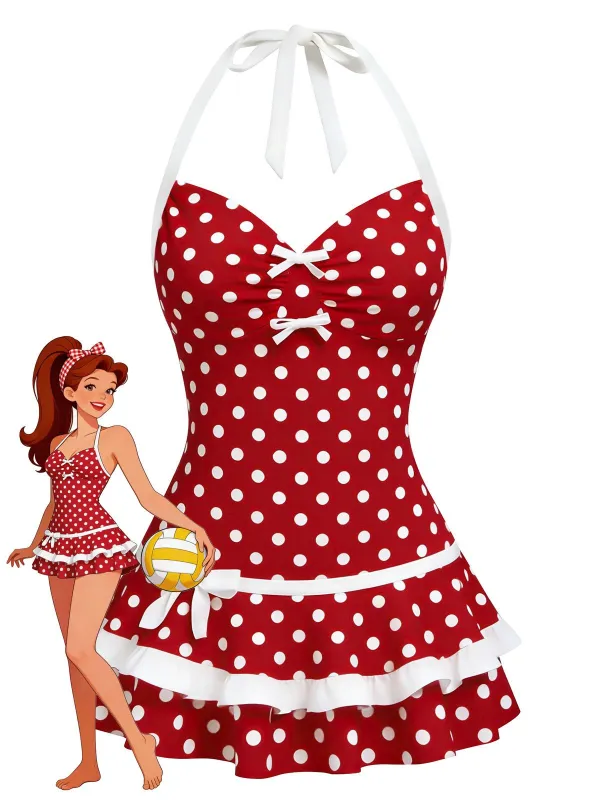 Red 1940s Polka Dot Halter Bow One-Piece Swimdress made by Retro Stage