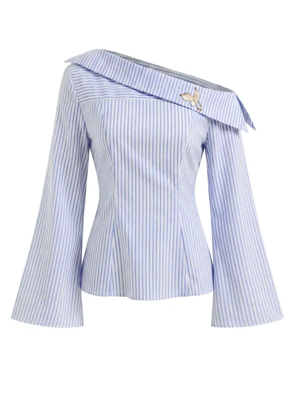 [Pre-Sale] Blue 1940s Striped Bell Sleeve Blouse With Pearl Brooch made by Retro Stage