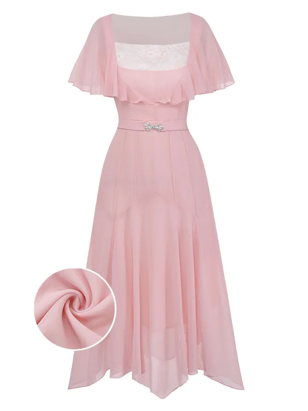 [Pre-Sale] Pink 1920s Ruffled Cape Chiffon Lace Dress made by Retro Stage
