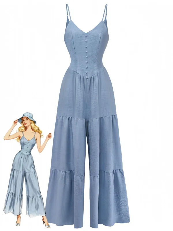 Blue 1930s Solid Deep V Tiered Ruched Jumpsuit sold by Retro Stage