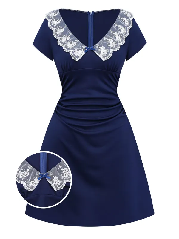 [Pre-Sale] Blue 1960s Embroidered Lace V-Neck Bow Dress sold by Retro Stage