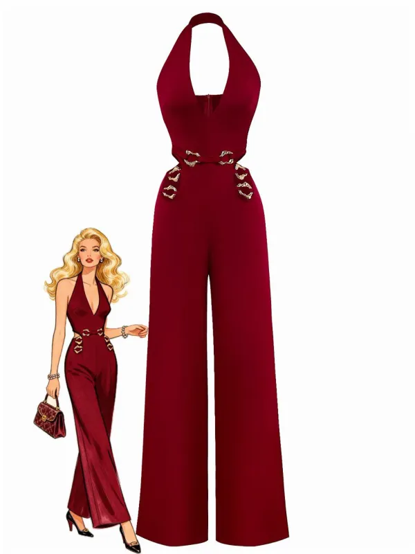 Wine Red 1970s Deep V-Neck Cutout Metal Buckle Jumpsuit made by Retro Stage