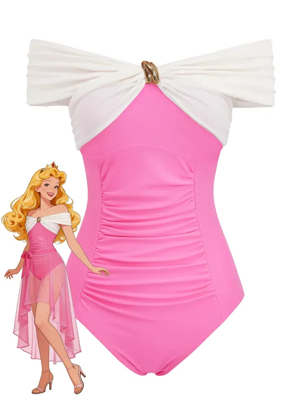 [Pre-Sale] Pink 1950s Off-Shoulder One-Piece Swimsuit & Mesh Cover-Up made by Retro Stage
