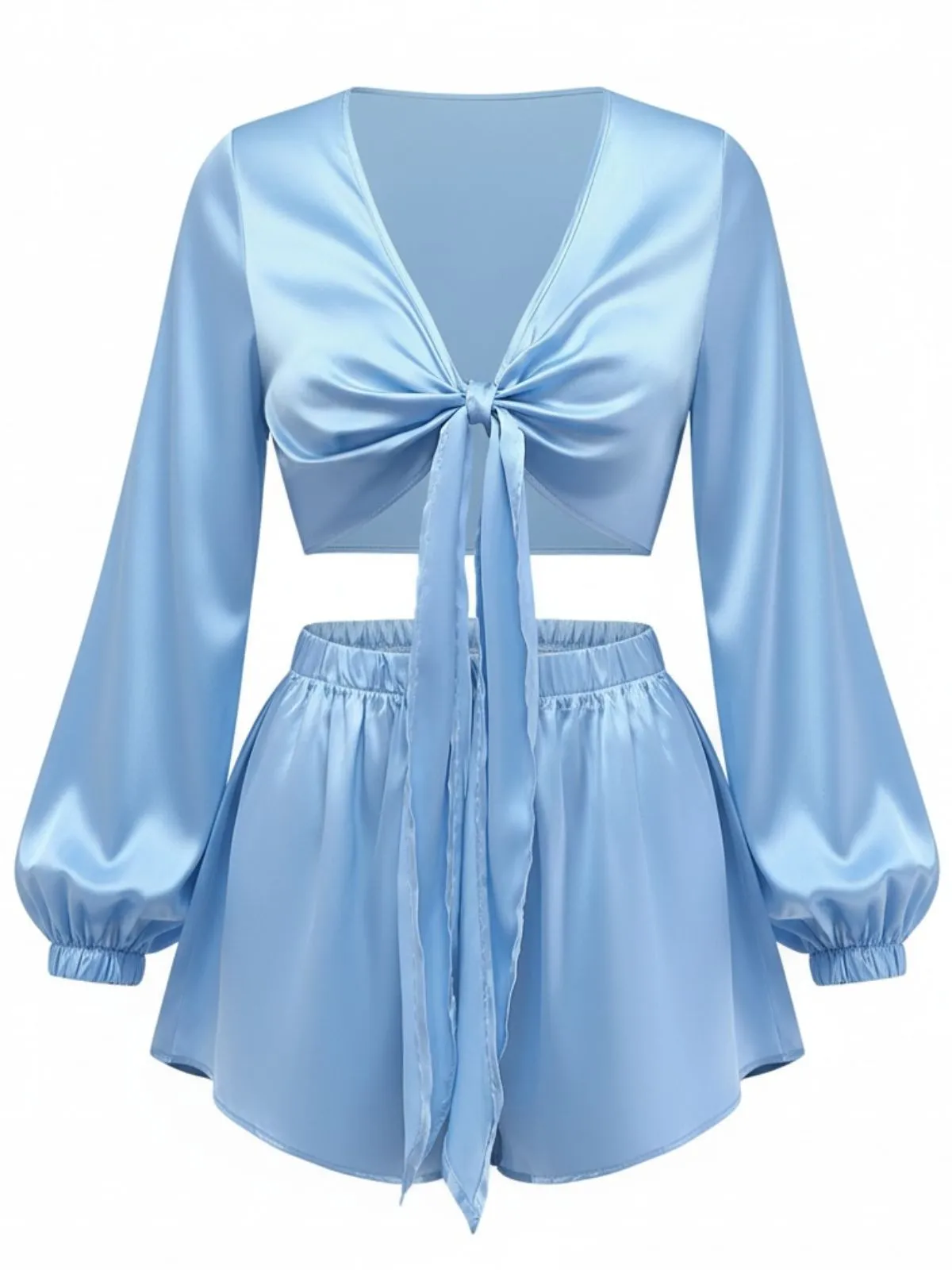 2PCS 1960s Satin Tie-Front Crop Top & Shorts sold by Retro Stage