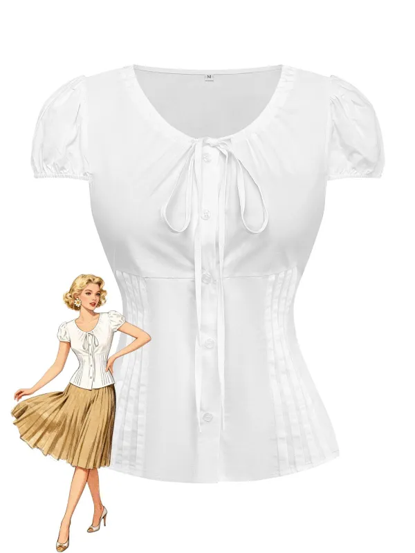 White 1940s Round Neck Fitted Waist Solid Blouse made by Retro Stage